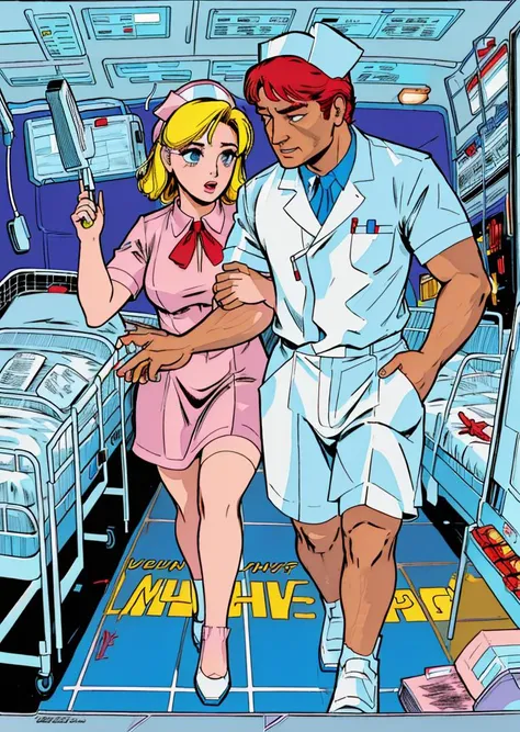 nursecomics, comic book page, nurses treating patients, diverse characters, action, John Wayne, romance, cover art, hospital, <lora:nursecomics:1>