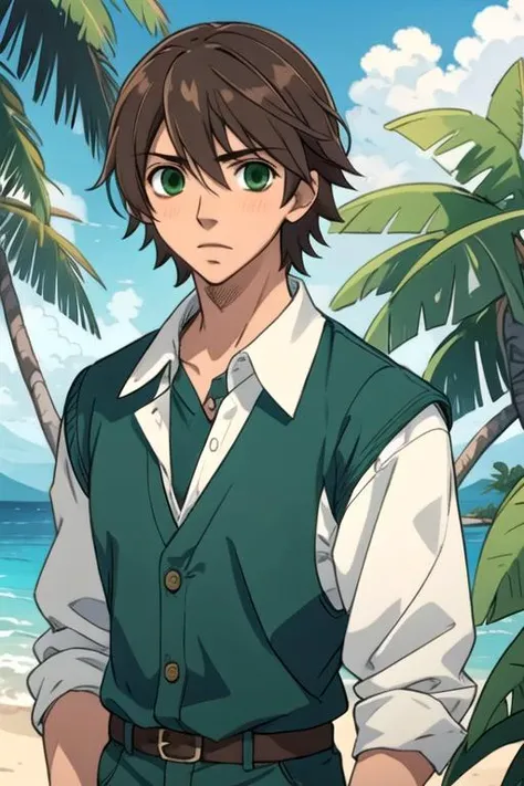 masterpiece, best quality, movie still, 1boy, solo, male focus, looking at viewer, upper body, , , realistic, <lora:misaki_takahashi:0.68>, misaki_takahashi, brown hair, green eyes, irish costume, A tropical paradise where the sun shines brightly every day...