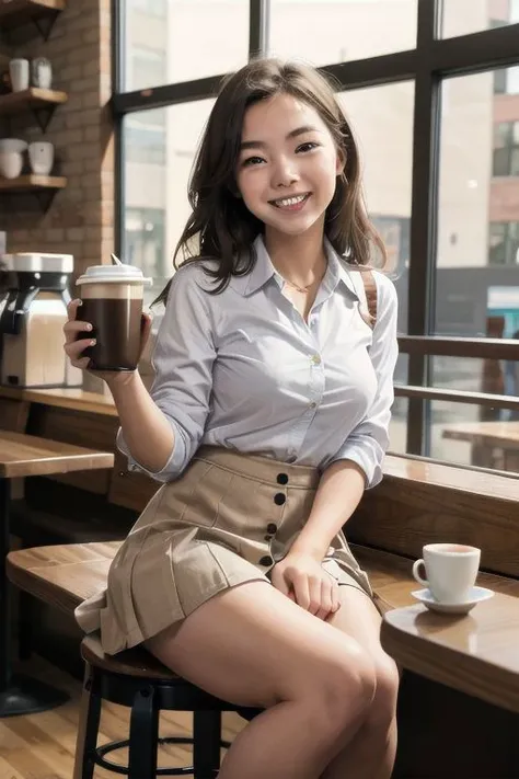 1girl, sitting in a coffee shop, big smile, coffee cup in hand, skirt, button up shirt