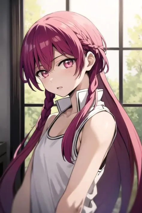 masterpiece, best quality, high quality, 1boy, solo, male focus, looking at viewer, upper body, <lora:kouha_ren:0.60>, kouha_ren, red hair, long hair, pink eyes, braid, tank top