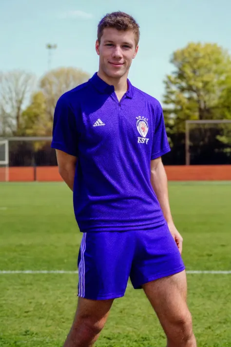 philperson <lora:phil_epoch_5:0.8>, shot by Bruce Weber, athletic field, casual pose, wearing soccer outfit, relaxed confident expression, outdoors