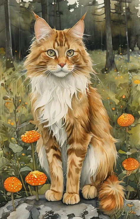 painting of a cat sitting on a rock in a field of flowers