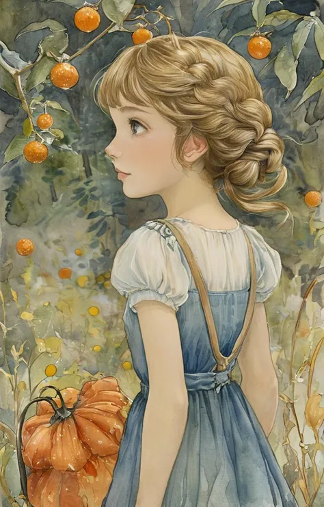 painting of a girl in a blue dress holding a basket of oranges