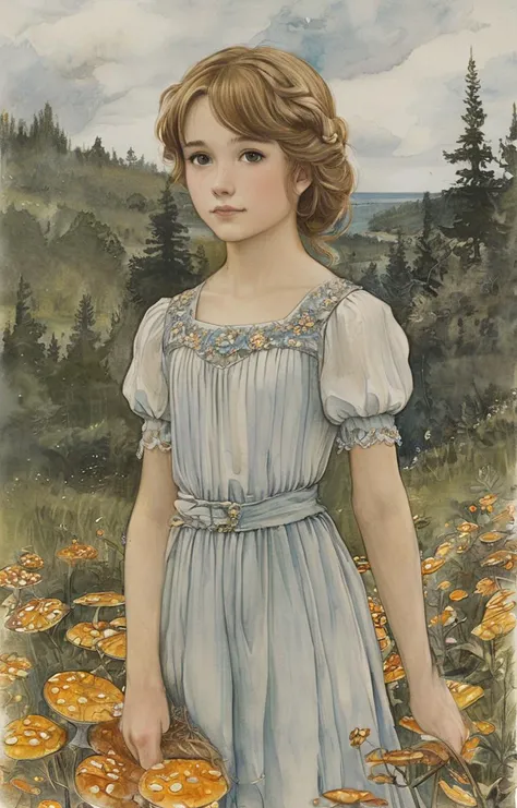 a painting of a girl in a blue dress holding a basket of mushrooms