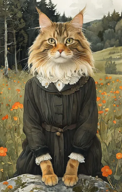 painting of a cat in a dress sitting on a rock in a field of flowers