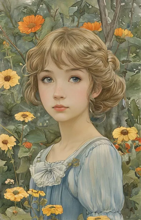 a painting of a girl in a blue dress surrounded by flowers