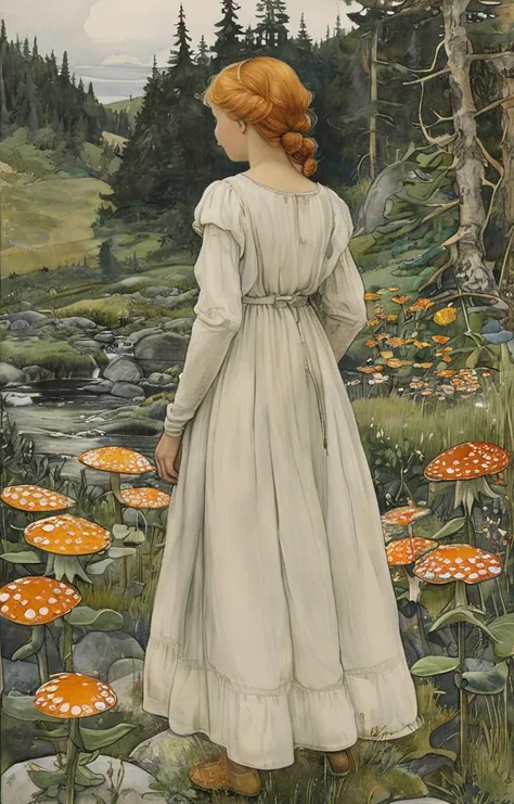 painting of a woman in a white dress standing in a field of mushrooms