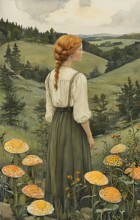 painting of a woman standing in a field of mushrooms