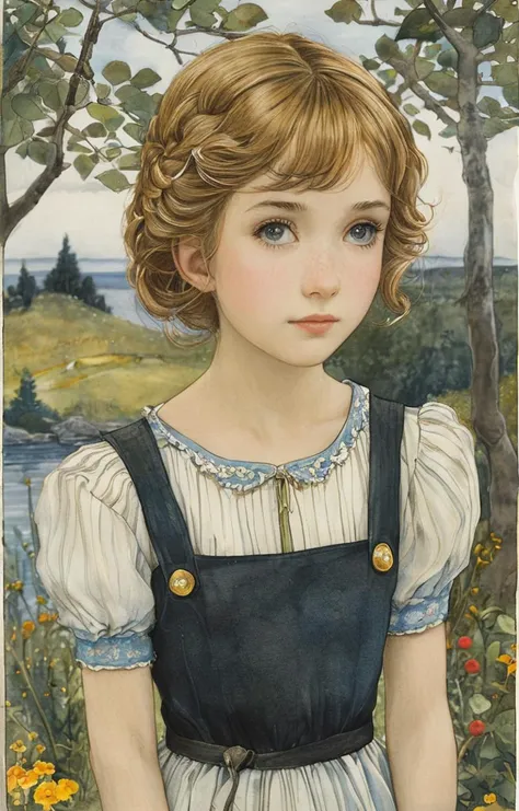 a painting of a young girl in a dress standing in a field