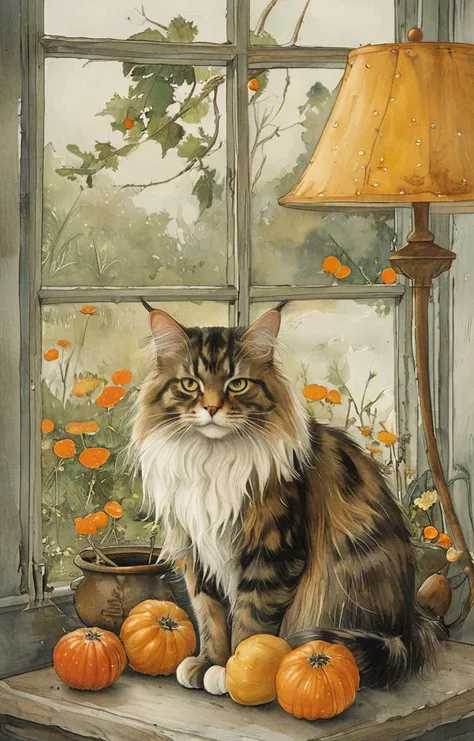 painting of a cat sitting on a window sill with pumpkins