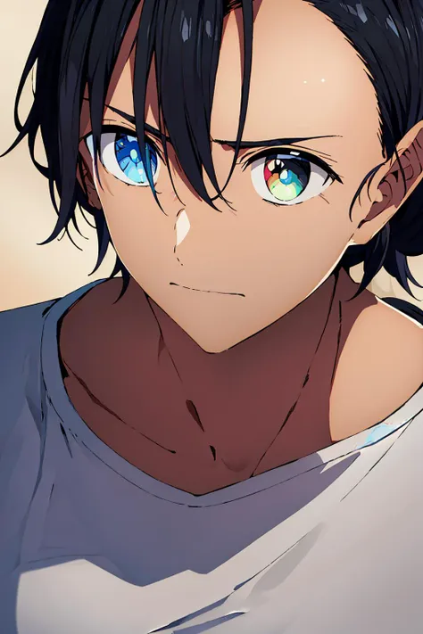 anime boy with blue eyes and black hair with a white shirt