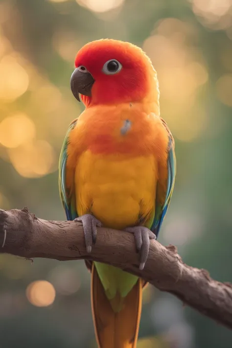 brightly colored bird perched on a branch with blurred background