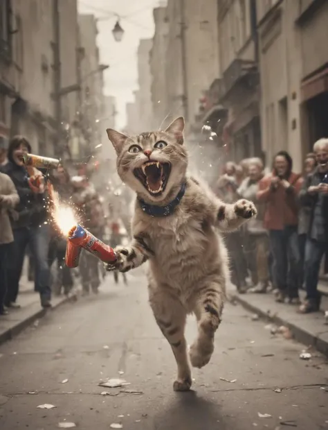 a action newspaper news-article about a evil maniacal laughing cat that is wearing a pouch is running down a busy street while (randomly (throwing:1.1) firecrackers:1.2) at (confused pedestrians:1.1), deep shadows, perfect composition, motion blur, fx, sep...