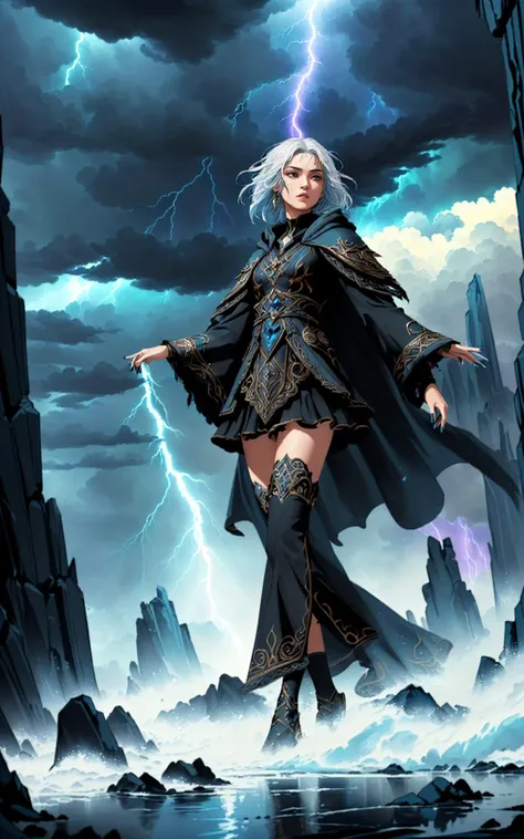 a woman in a black dress and cape standing on rocks with lightning in the background