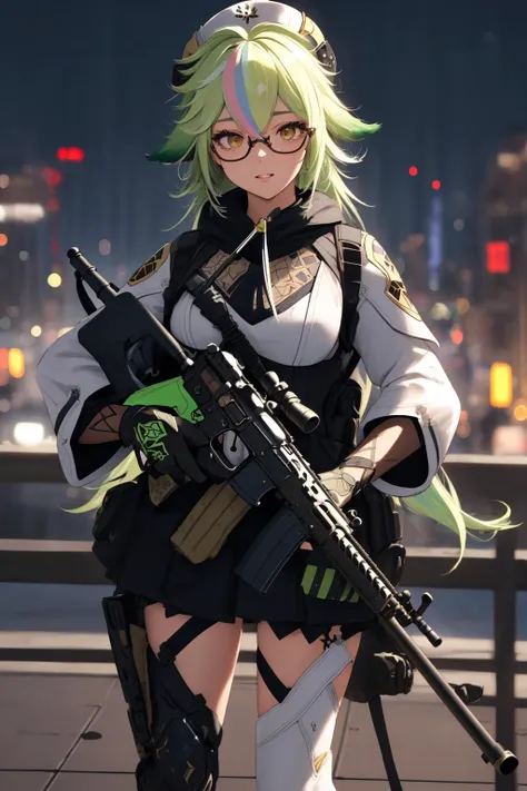 a woman with green hair and glasses holding a rifle