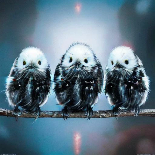 three little birds sitting on a branch with their eyes closed