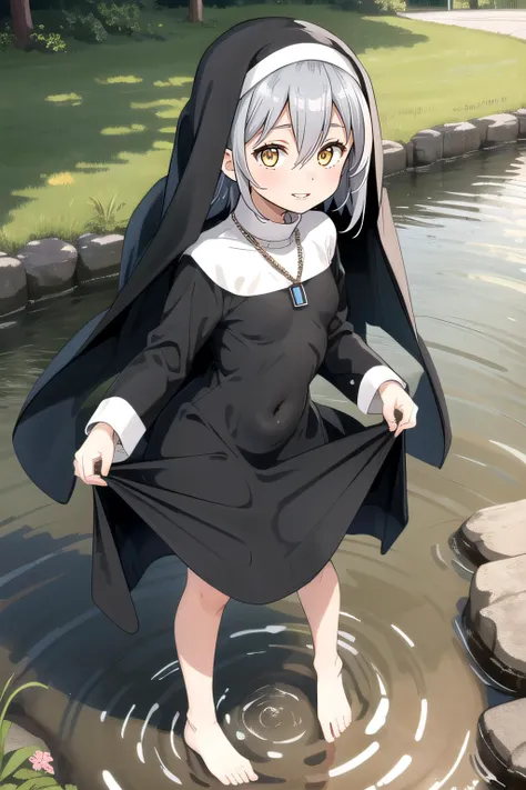 anime girl in nun dress standing in water with a bottle