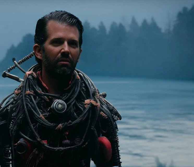 a man with a beard and a sword standing in front of a lake