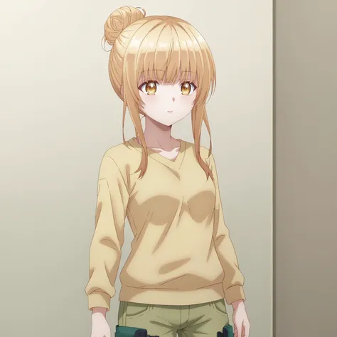 anime girl with blonde hair and a yellow sweater holding a gun