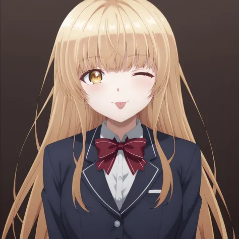 anime girl with long blonde hair wearing a blue suit and a red bow tie