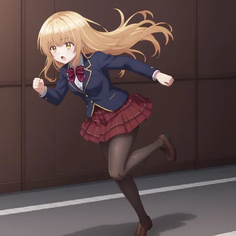 anime girl in a school uniform running in a hallway