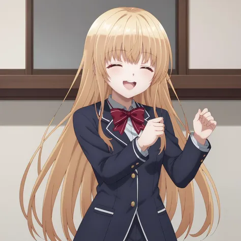 anime girl with long blonde hair wearing a blue suit and bow tie