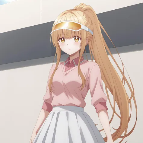 anime girl with long blonde hair wearing a pink shirt and a white skirt