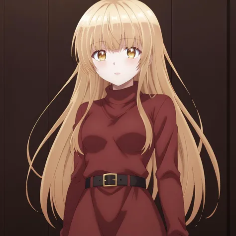 anime girl with long blonde hair wearing a red dress