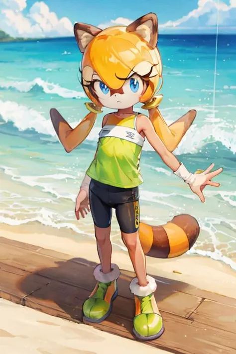 sthmarine, body fur, raccoon ears, raccoon tail, blue eyes, shirt, bike shorts, standing, frown, beach  <lora:Marine-Raccoon-000008:1>