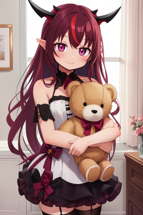 anime girl with horns holding a teddy bear in a room