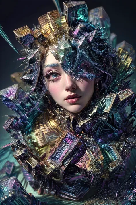 <lora:more_details:1>, ((best quality)), ((masterpiece)), (detailed), a mysterious woman, elegantly encased within a (glistening bismuth crystal:1.4). The light refracts off the crystals unique structure, casting a vibrant spectrum of colors. The shot is t...