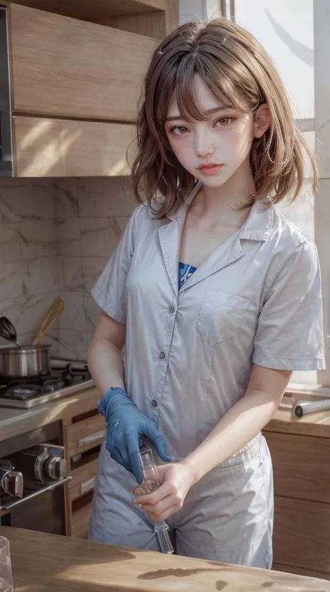 a woman in a white shirt and blue gloves is preparing food