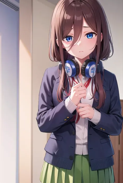 mikunakano, <lyco:mikunakano-lyco-nochekaiser:1>, 
miku nakano, long hair, bangs, blue eyes, brown hair, shirt, hair between eyes, headphones, cardigan, headphones around neck, <lora:yudedako_v100:1>,
BREAK skirt, shirt, long sleeves, white shirt, pantyhos...