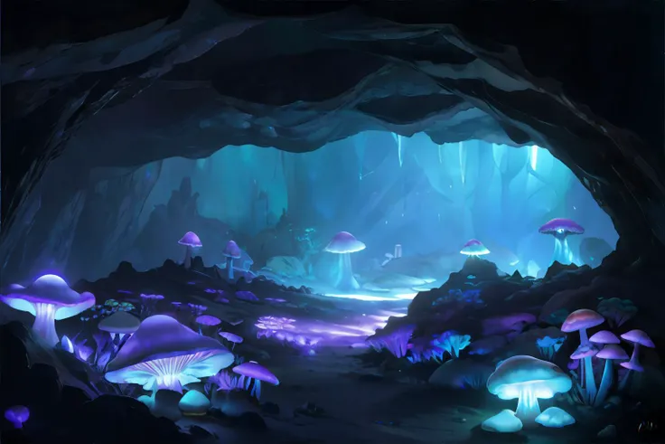 there is a cave with mushrooms and other plants in it