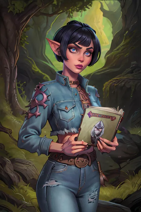 a woman in a blue shirt holding a book in her hands