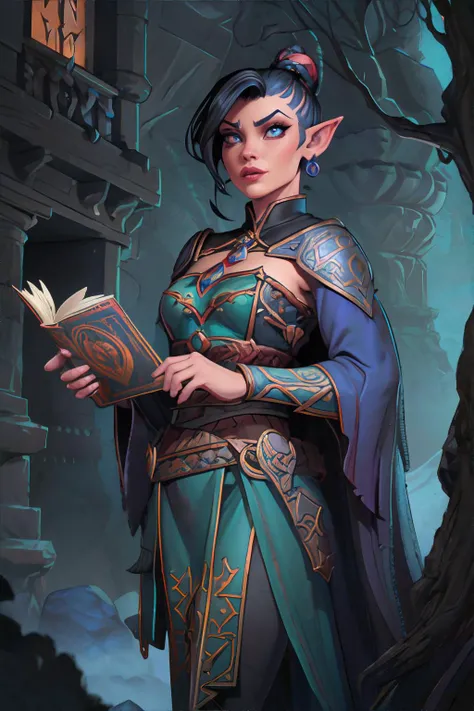 <lora:advanceddandd-wolfsystems:0.8>, advdnd2023, book cover, novel illustration, advanced dungeons and dragons, halfling woman, Assassin, Undercut with geometric patterns hairstyle, wearing Nymph-like draped tunics, Icebound Castle || <lora:advanceddandd-...