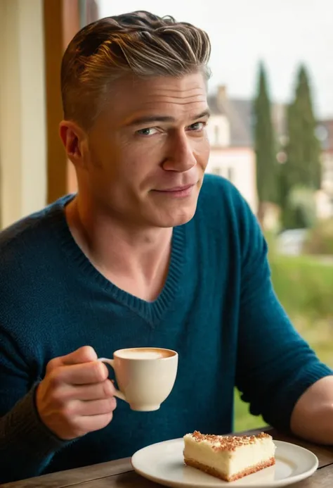 raw photo portrait of <lora:captain_pike:1> Captain pike, wearing jeans and a thin v-neck sweater, (short haircut parting on the left hair combed back:1.2), detailed face, skin texture, skin imperfections, dimples, drinking coffee, eating a cake, evening, ...