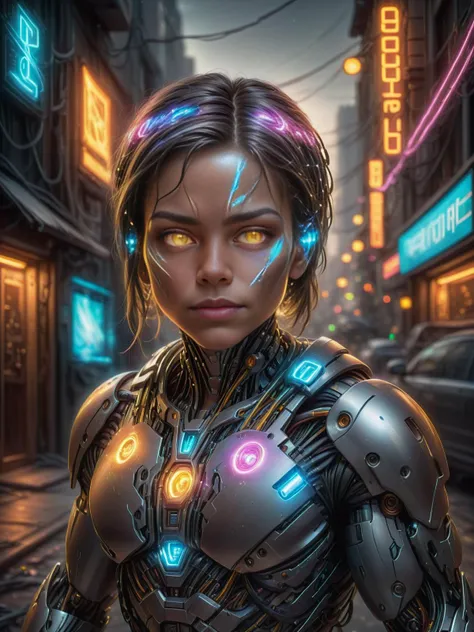 [award winning photo portrait of a cute smile girl standing outside a cyberpunk neon city street:award winning photo of a cyborg, bundle of glowing fiber optic cables:0.2], epic realistic, art, (hdr:1.2), (muted colors:1.2), pastel, hyperdetailed, (artstat...