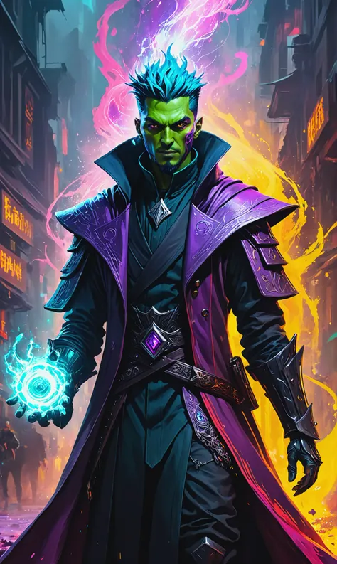 a close up of a man in a purple coat holding a green ball