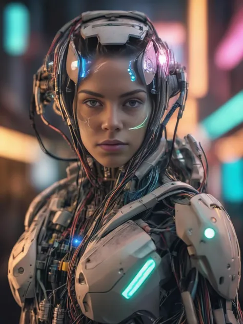 [award winning photo portrait of a cute smile girl standing outside a cyberpunk neon city street:award winning photo of a cyborg, bundle of glowing fiber optic cables:0.2], epic realistic, art, (hdr:1.2), (muted colors:1.2), pastel, hyperdetailed, (artstat...