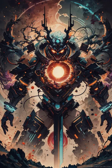 a poster of a robot with a glowing orb in the middle of it