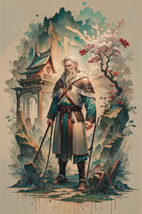 a painting of a man with a sword standing in front of a building