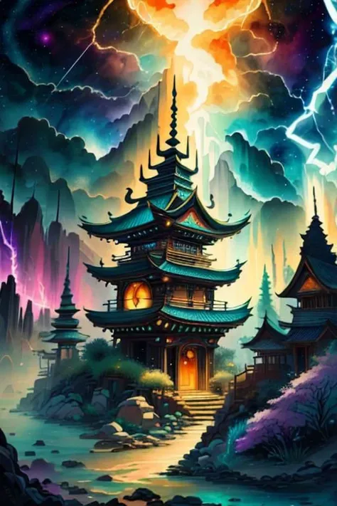 a painting of a pagoda in the middle of a mountain with lightning