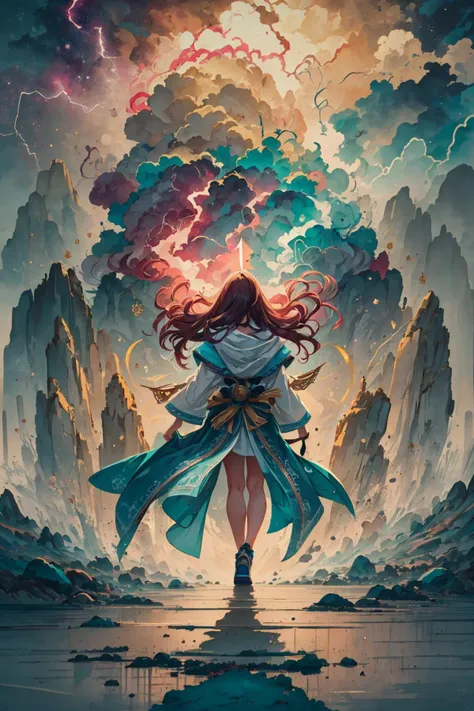 a woman in a blue dress is standing in front of a mountain with lightning