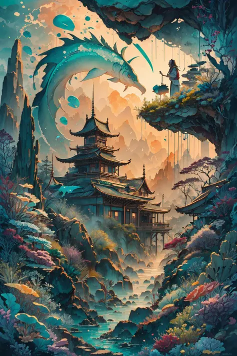 a painting of a man standing on a cliff looking at a dragon flying over a pagoda