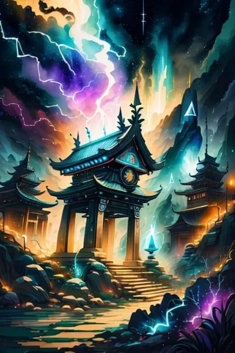 a painting of a pagoda with lightning coming out of it