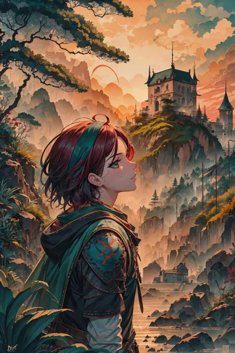 a woman with red hair and a backpack looking at a castle