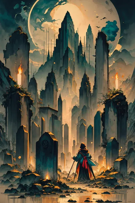 a painting of a man standing in front of a city with a giant moon