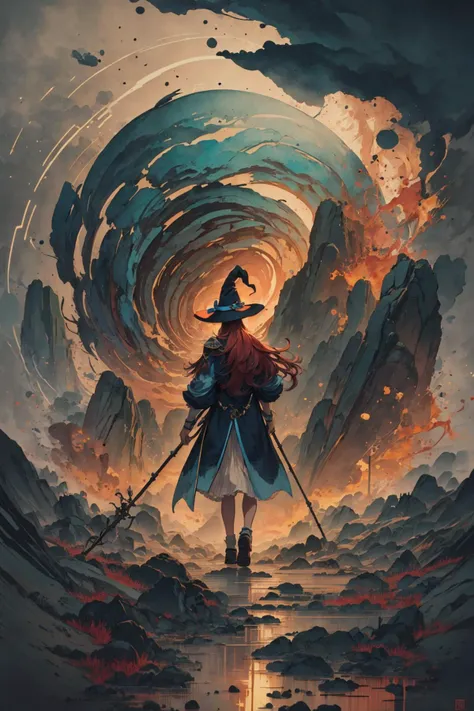 a woman in a long coat and hat standing in front of a giant vortex