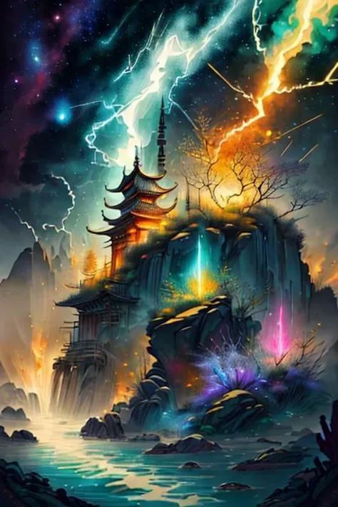 a painting of a mountain with a pagoda and lightning